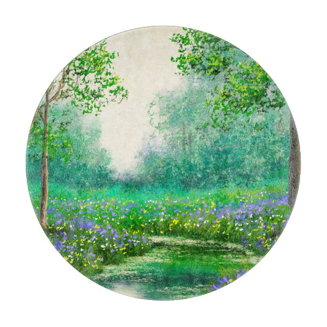 Planche À Découper Peinture à l'huile de paysage de printemps, forêt. (Devant)