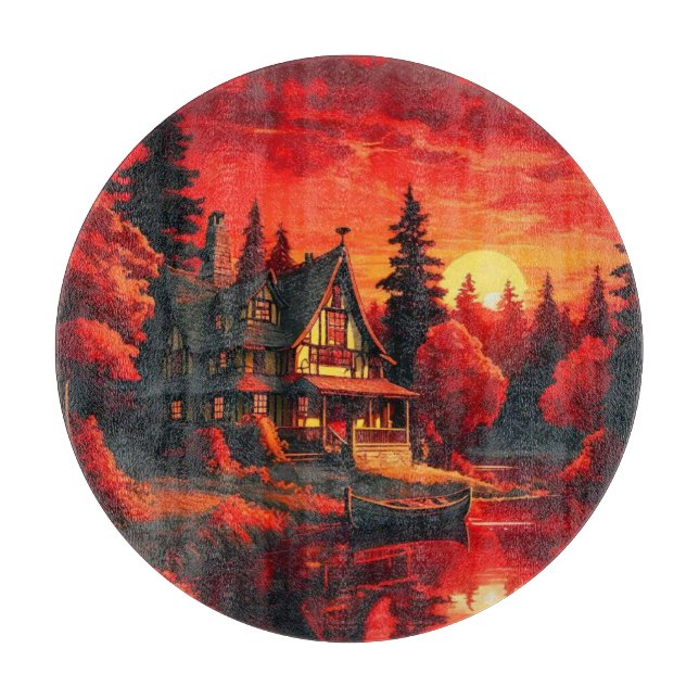 Planche À Découper Peinture coucher de soleil avec chalet et lac-6663 (Devant)