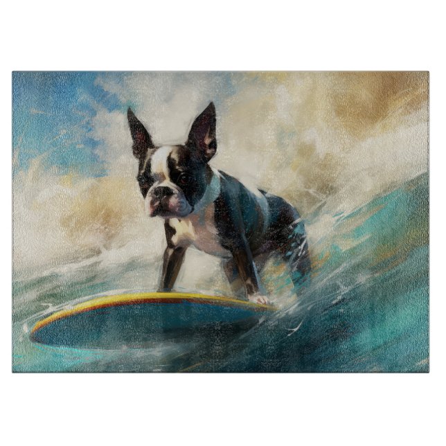 Planche À Découper Peinture de Boston Terrier faisant du surf sur la  (Devant)