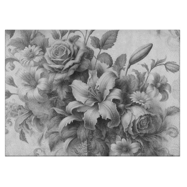 Planche À Découper Perfection florale noire et blanche (Devant)