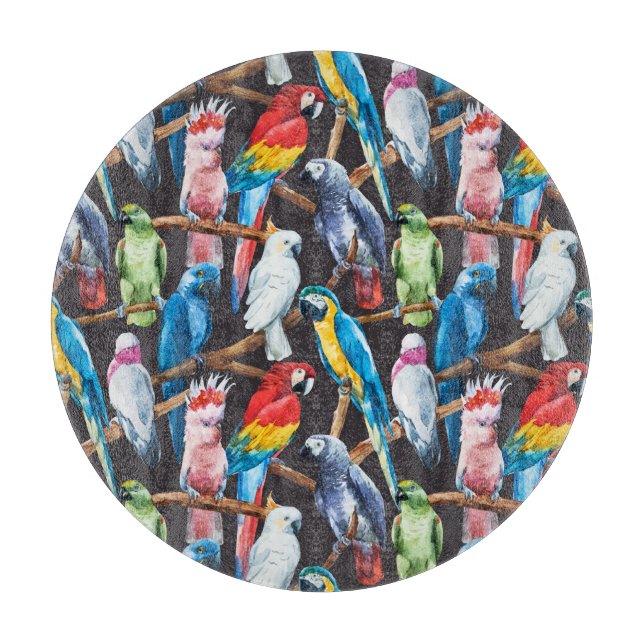 Planche À Découper Perroquet : papier peint d'aquarelle tropicale. (Devant)