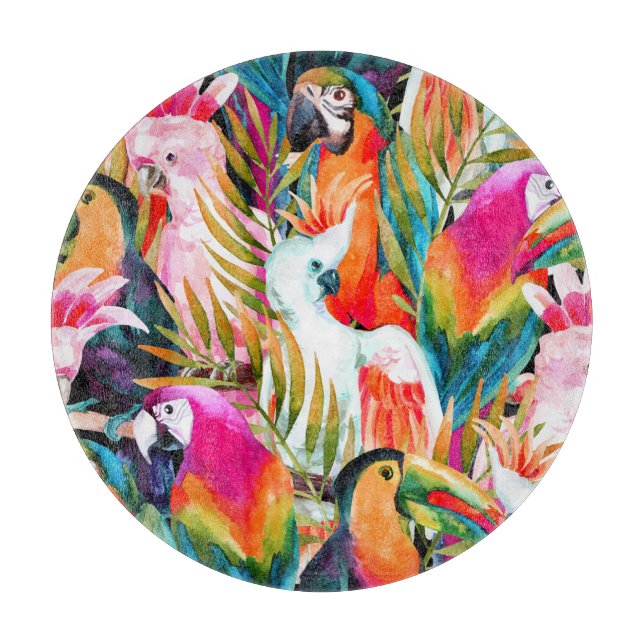 Planche À Découper Perroquets d'aquarelle : Motif Tropical (Devant)
