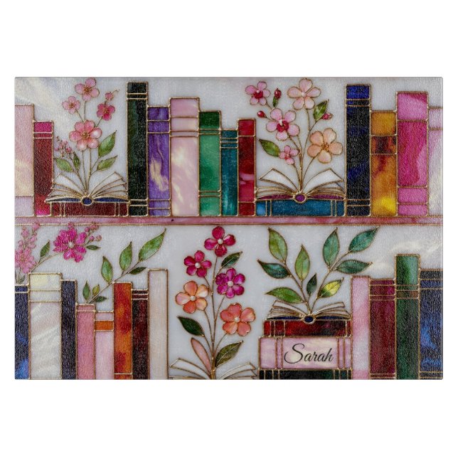 Planche À Découper Personalized Floral Bookshelf Glass Cutting Board (Devant)