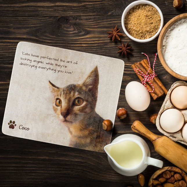 Planche À Découper Personnalisé Animal Photo Chien de chat avec nom M (Personalized cat photo template glass cutting board)