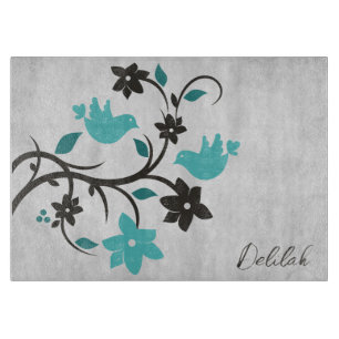Planche à découper personnalisée Lovebirds turquoi