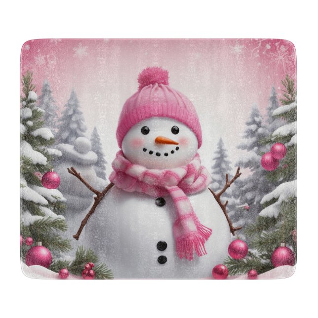 Planche À Découper Personnaliser : Happy Pink Scarf Xmas Snowman (Devant)