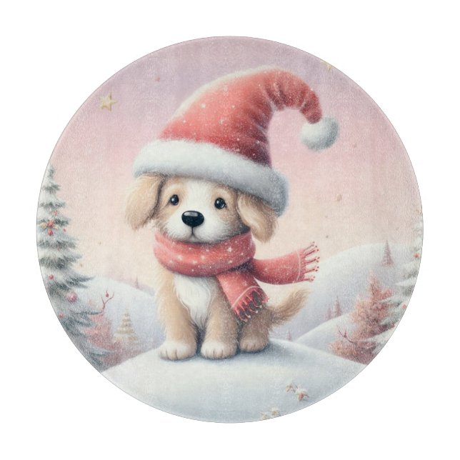 Planche À Découper Petit chiot de Noël en chapeau santa (Devant)