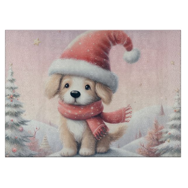 Planche À Découper Petit chiot de Noël en chapeau santa (Devant)