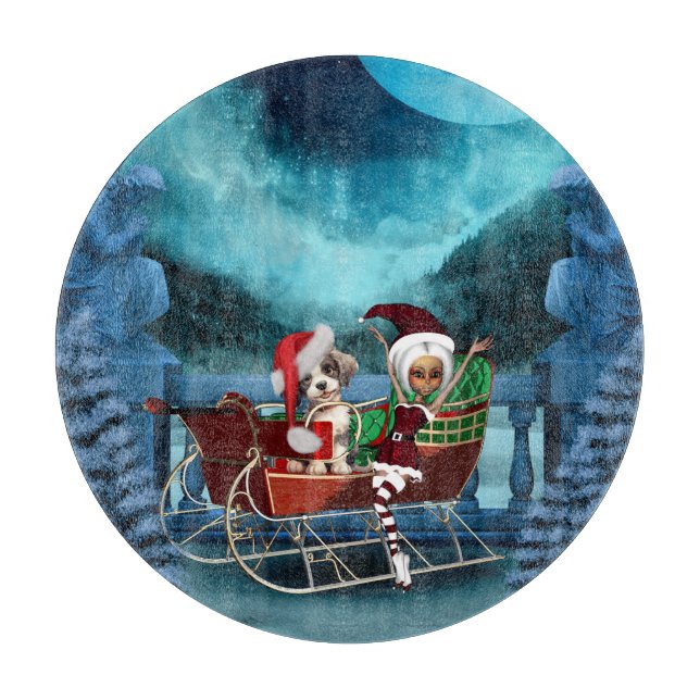 Planche À Découper Petit chiot et elfe de Noël (Devant)