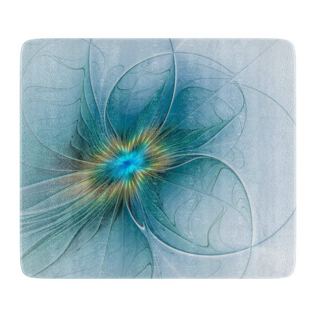 Planche À Découper Petite Beauté Moderne Fleur d'Art Fractal Bleu Or (Devant)