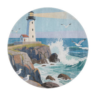 Planche À Découper Phare côtier Vagues océaniques Mouettes
