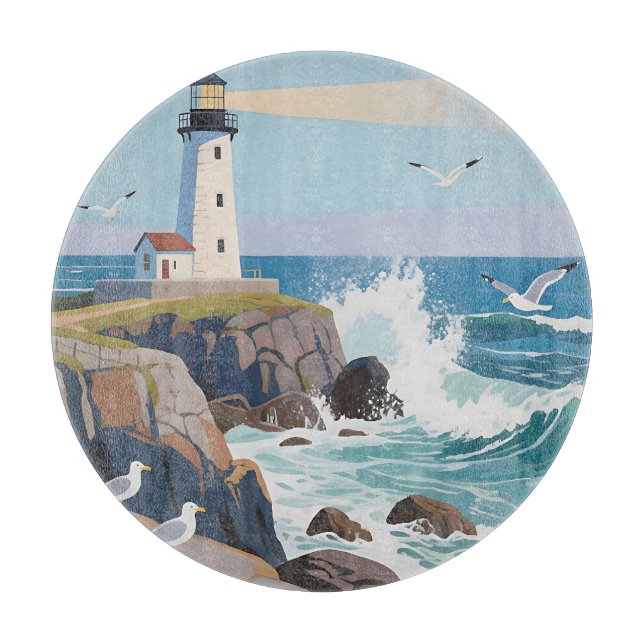 Planche À Découper Phare côtier Vagues océaniques Mouettes (Devant)