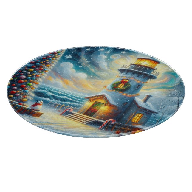 Planche À Découper Phare de Noël Arbre Nautique Bleu Côtier (Coin)
