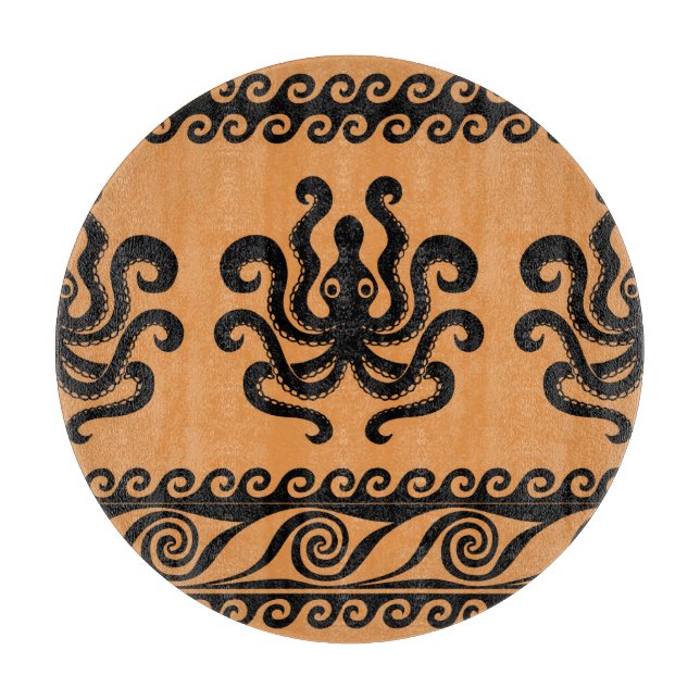 Planche À Découper Pieuvre grecque ancienne, motif à vagues (Devant)