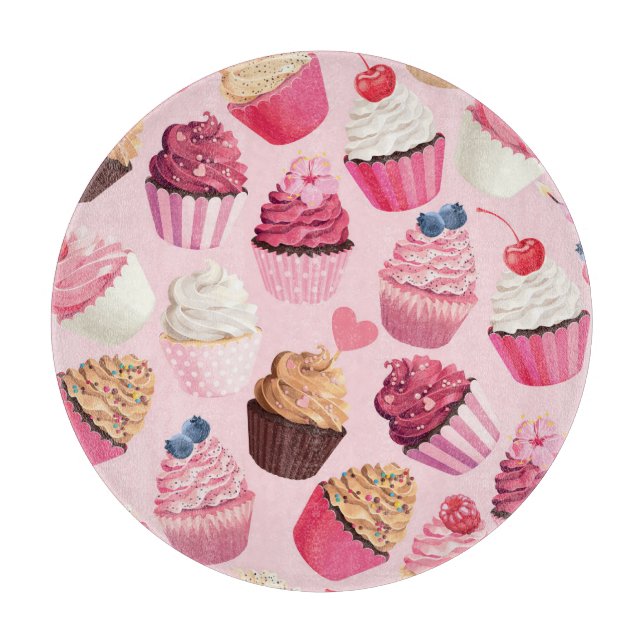 Planche À Découper Pink Cupcakes Pastel : Motif Vintage. (Devant)