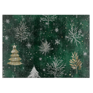 Planche À Découper Pins dorés arbres Flocons d'argent Vert chasseur
