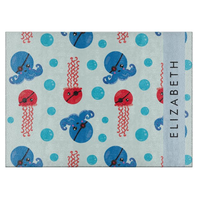 Planche À Découper Pirate Octopus, Pirate Jellfish, Mer, Votre Nom (Devant)