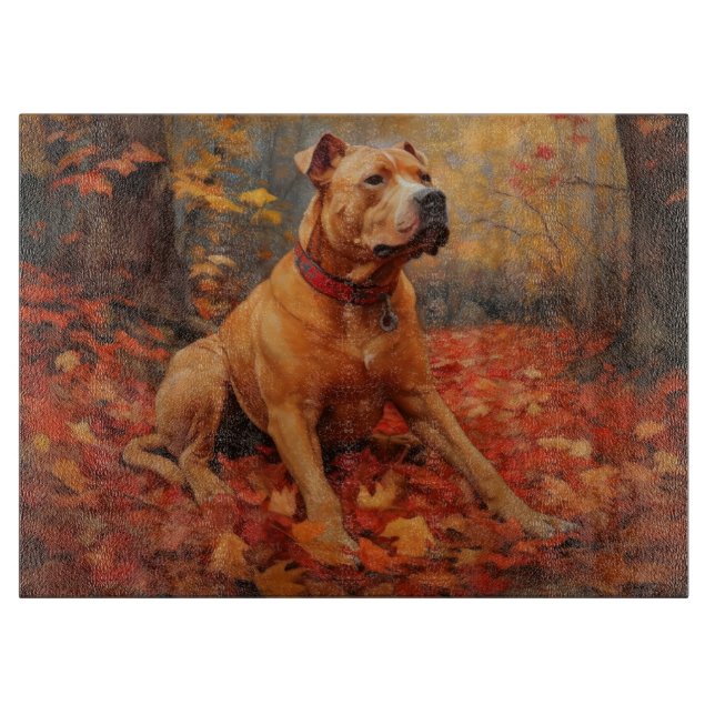 Planche À Découper Pitbull à l'automne Feuilles automne Inspiration (Devant)