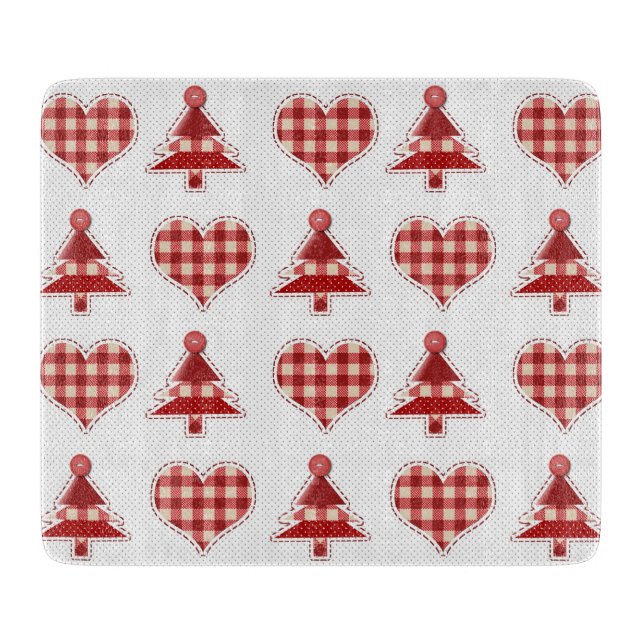 Planche À Découper Plaid Red Christmas Trees and Hearts Motif (Devant)