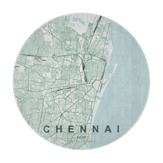 Planche À Découper Plan de la ville de Chennai en Inde, design minima (Devant)