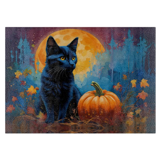 Planche À Découper Pleine lune Citrouille de Kitten noir Feuilles d'a (Devant)