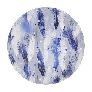 Planche À Découper Plumes tombantes : motif bleu aquarelle.