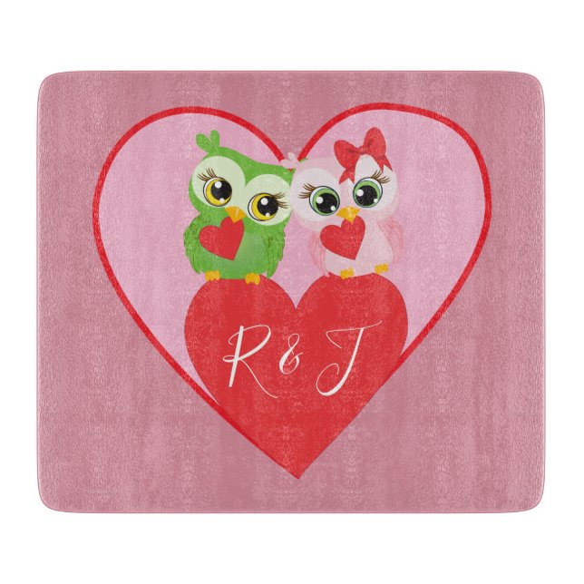 Planche À Découper Plutôt rose Coeurs et Chouettes Monogrammes Initia (Devant)