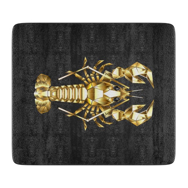 Planche À Découper Poisson à langouste polygonale dorée sur noir (Devant)