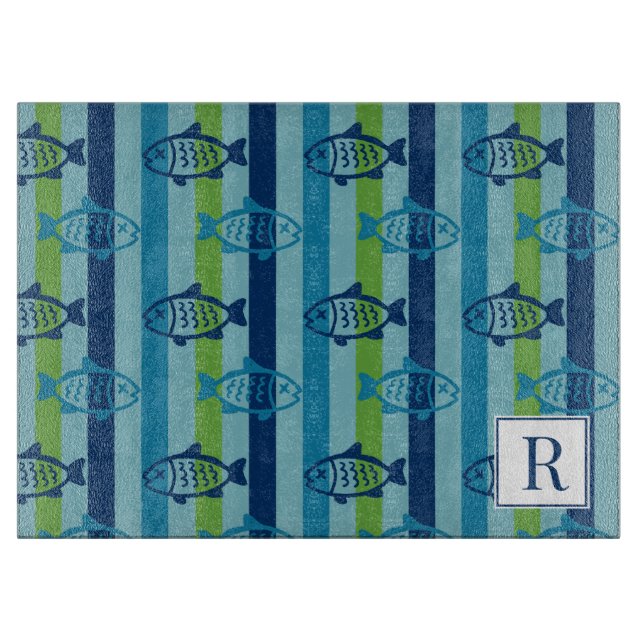 Planche À Découper Poisson côtier prépa vert bleu rayé (Devant)