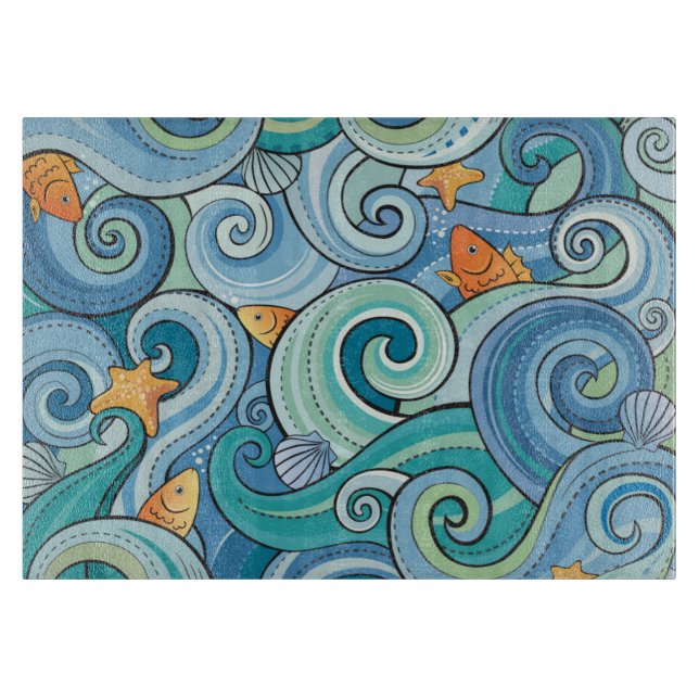 Planche À Découper Poisson parmi les Motifs des vagues (Devant)