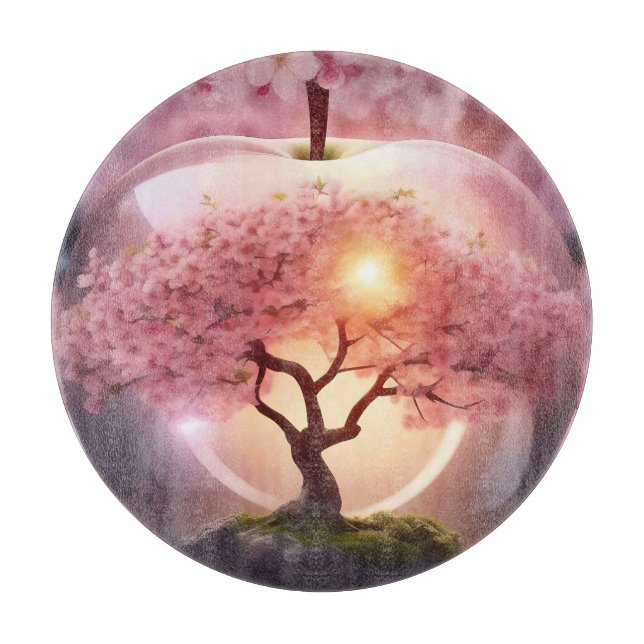 Planche À Découper Pomme Translucide Rose Avec Scène Pommier, (Devant)
