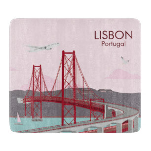 Planche À Découper Pont de Lisbonne sur le fleuve Tage au style vinta