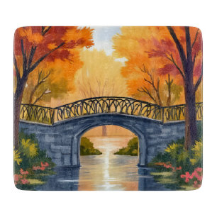 Planche À Découper Pont du parc d'automne Aquarelle de feuillage d'