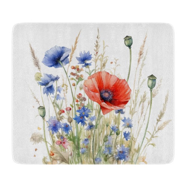 Planche À Découper Poppies et fleurs de cornouilles : aquarelle rusti (Devant)