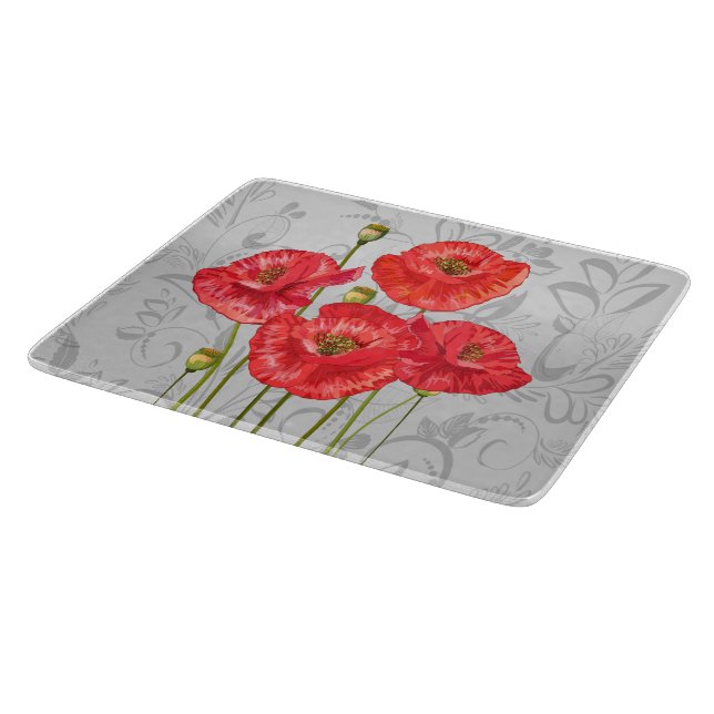 Planche À Découper Poppies rouges sur floral gris blanc (Coin)