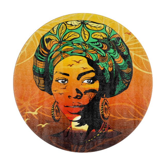 Planche À Découper Portrait féminin africain avec coucher de soleil (Devant)