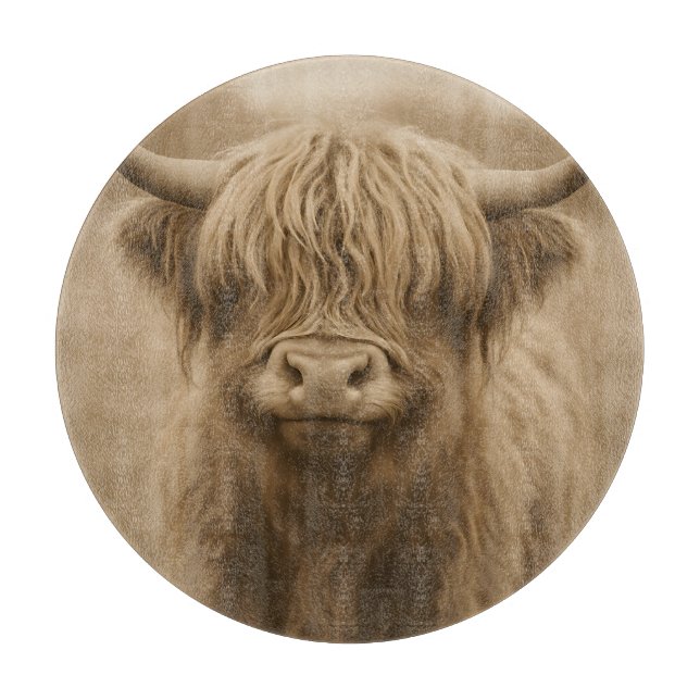 Planche À Découper Portrait sépia de vache des Highlands (Devant)