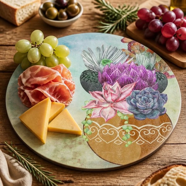Planche À Découper Pot de succulentes aquarelle en verre rond (Créateur téléchargé)