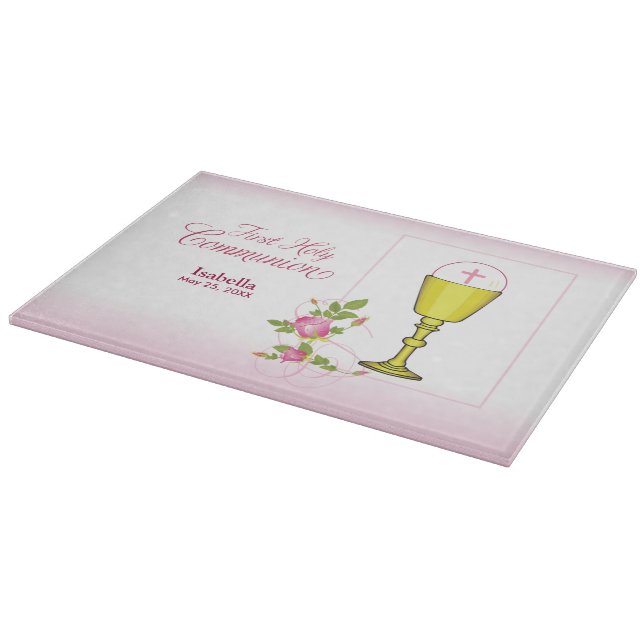Planche À Découper Première communion personnalisée fille rose (Coin)