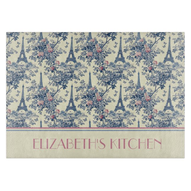 Planche À Découper Preppy Paris Toile rose et bleu Monogramme (Devant)