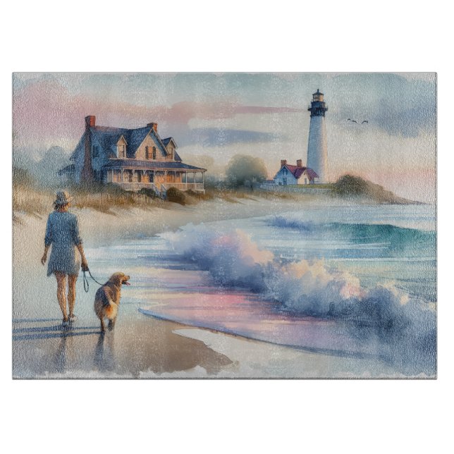 Planche À Découper Promenade côtière jusqu'au phare au coucher du sol (Devant)