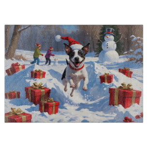 Planche À Découper Rat Terrier courant dans la neige avec un chapeau 