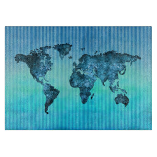 Planche À Découper Rayures bleues au néon de la carte   du monde