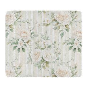 Planche À Découper Rayures Florales Roses Blanches Romantiques Teinté