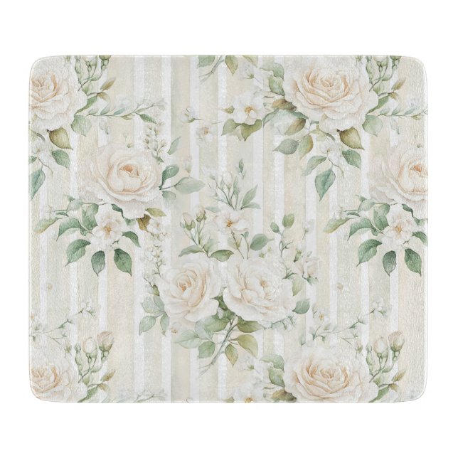 Planche À Découper Rayures Florales Roses Blanches Romantiques Teinté (Devant)