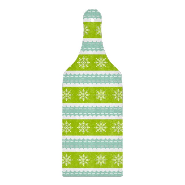 Planche À Découper Rayures vertes et bleues de Noël avec des flocons (Devant)