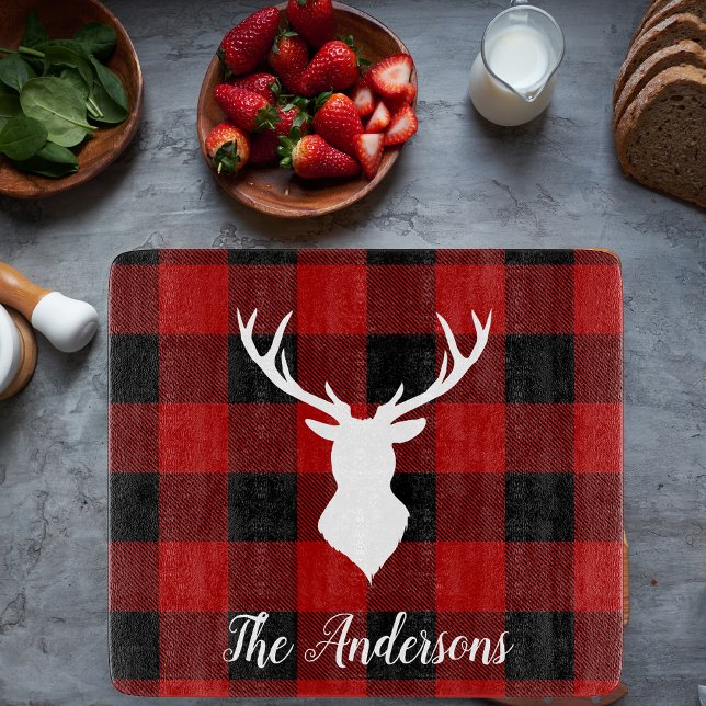 Planche À Découper Red Buffalo Plaid & Deer | Nom personnel Cadeau (Créateur téléchargé)