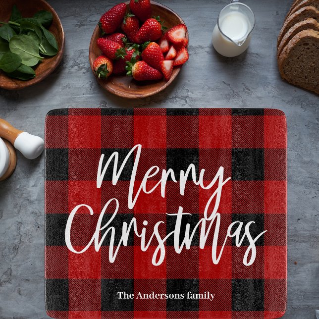 Planche À Découper Red Buffalo Plaid & Joyeux Noël |Nom personnel (Créateur téléchargé)