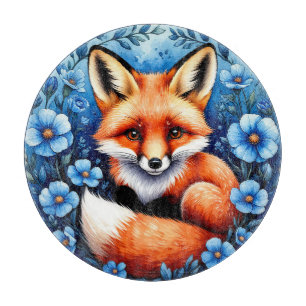 Planche À Découper Renard entouré de fleurs bleues