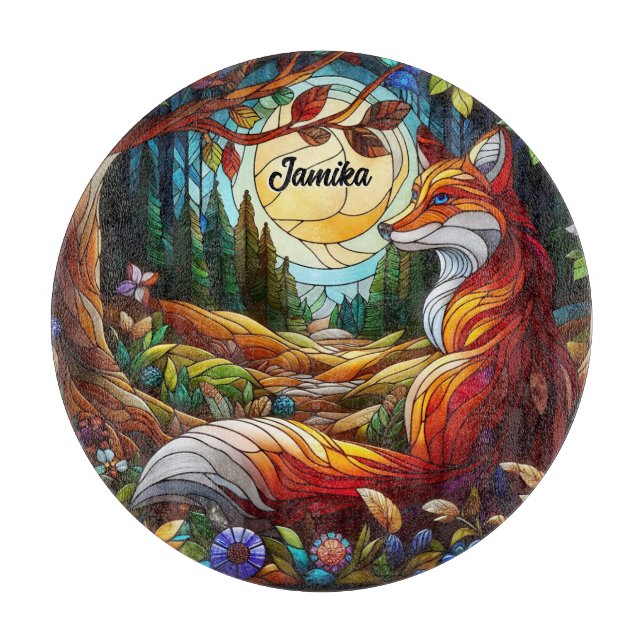 Planche À Découper Renard rouge et soleil et forêt (Devant)